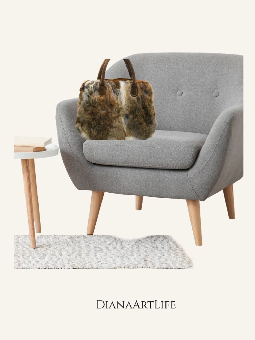 PEGABO Rabbit Fur Handbag with Brown Suede Handles 16"